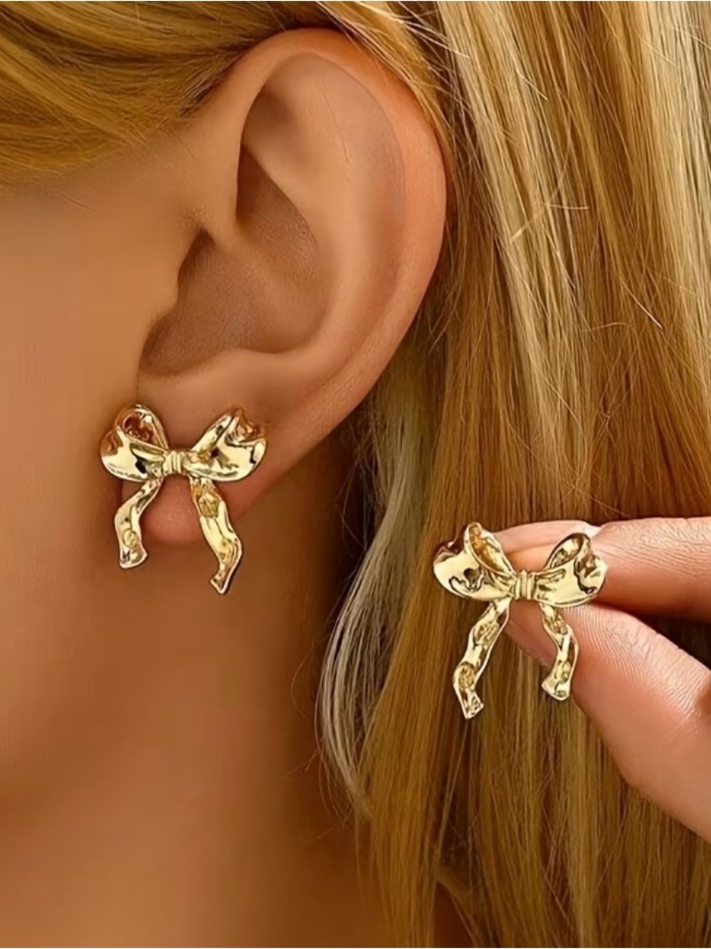 Gold Bow Stud Earrings - Elegant Women Jewelry